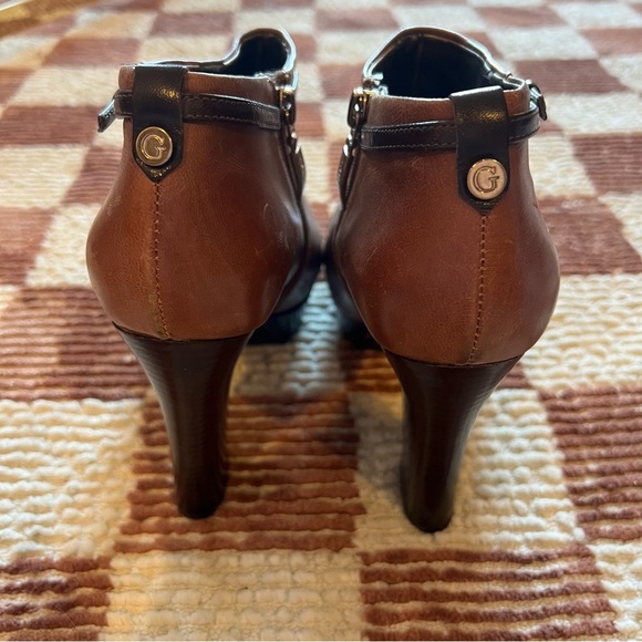 Y2K Guess Brown Leather Wood Zip Up Heeled Platform Ankle Boots Booties Fall - Picture 6 of 7